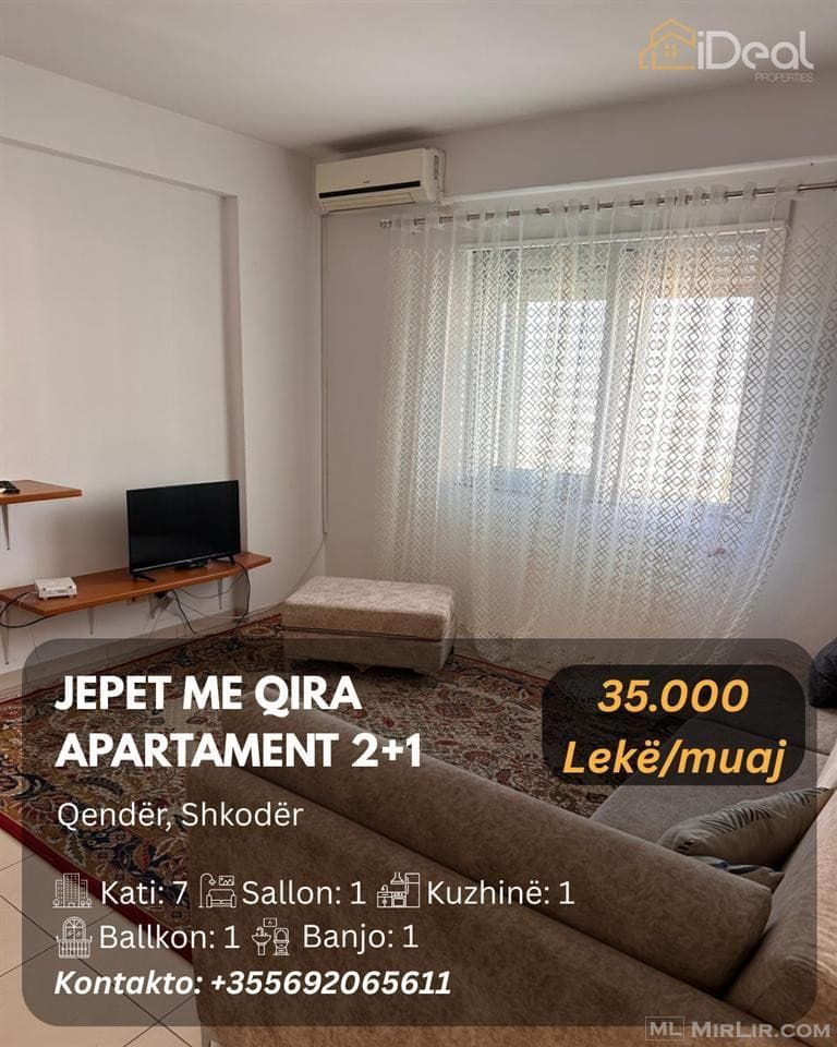 🚨 Jepet me Qira Apartament 2+1 në “Qendër”, Shkodër!  Detaj